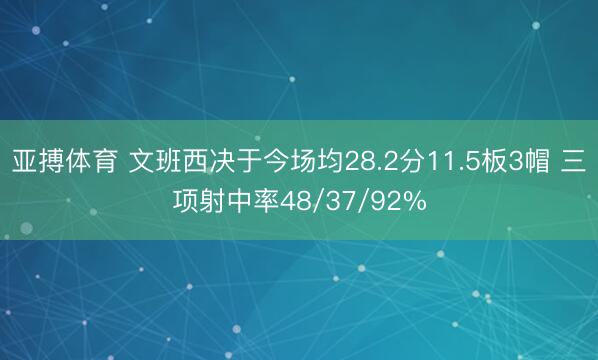 亚搏体育 文班西决于今场均28.2分11.5板3帽 三项射中率48/37/92%